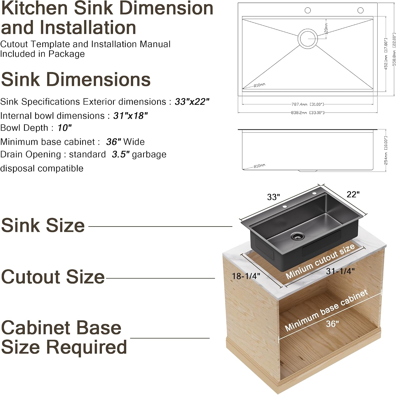 33 Inch Black Drop In Kitchen Sink 16 Gauge Stainless Steel Workstation Sink, 33" x 22" Topmount Single Bowl Sink with Accessories