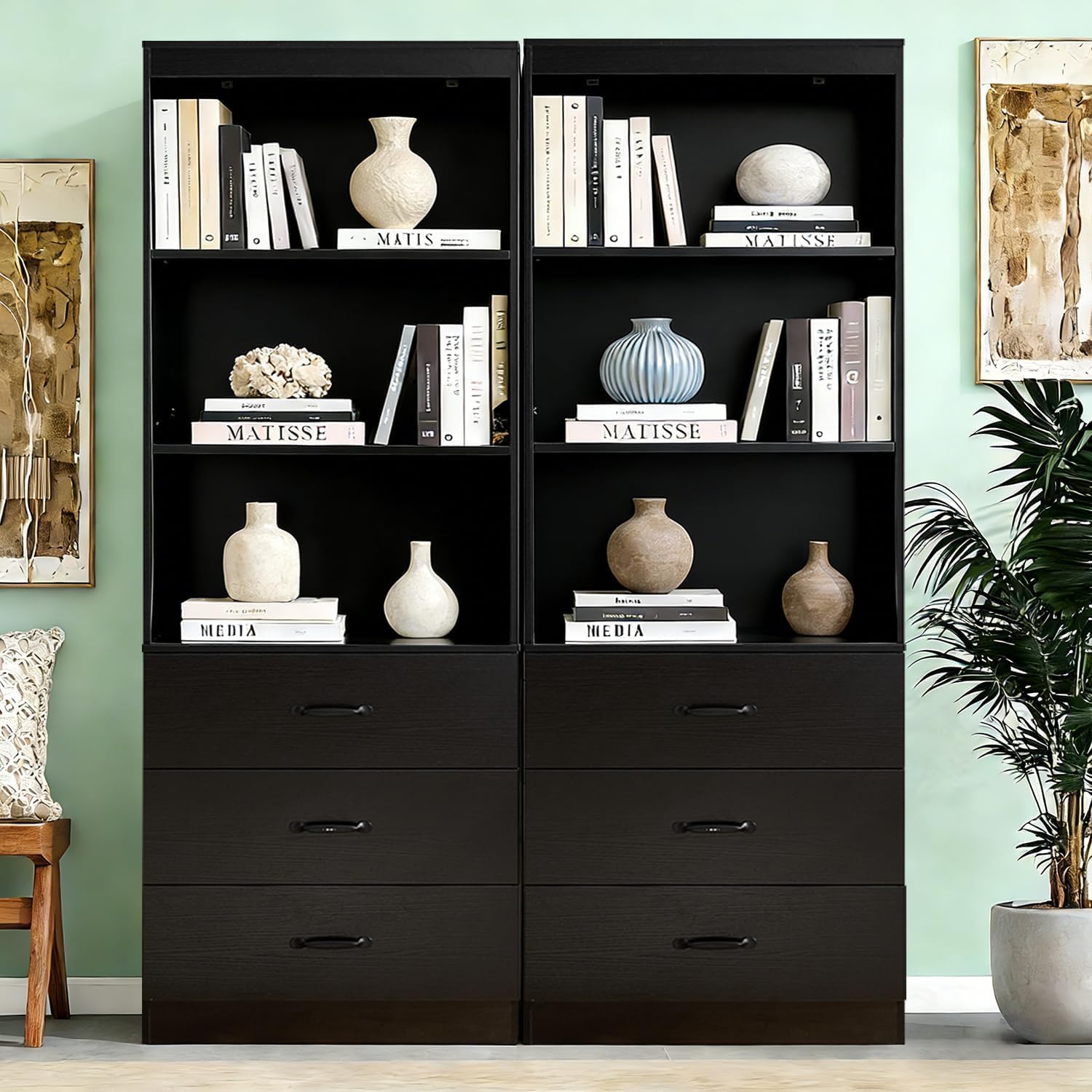 Tall Bookshelf with 3 Open Shelves and 3 Drawers, Wooden Bookcase with Storage Cabinet for Living Room, Bedroom, Home Office, White