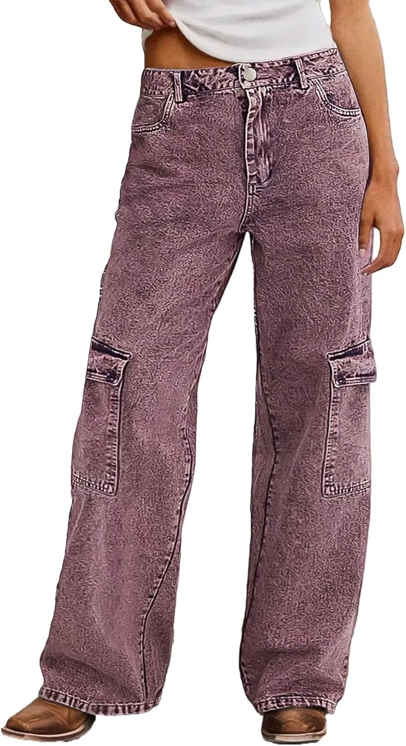 Flamingals Straight Leg Mid Waist Casual Pants for Women with Flap Pocket
