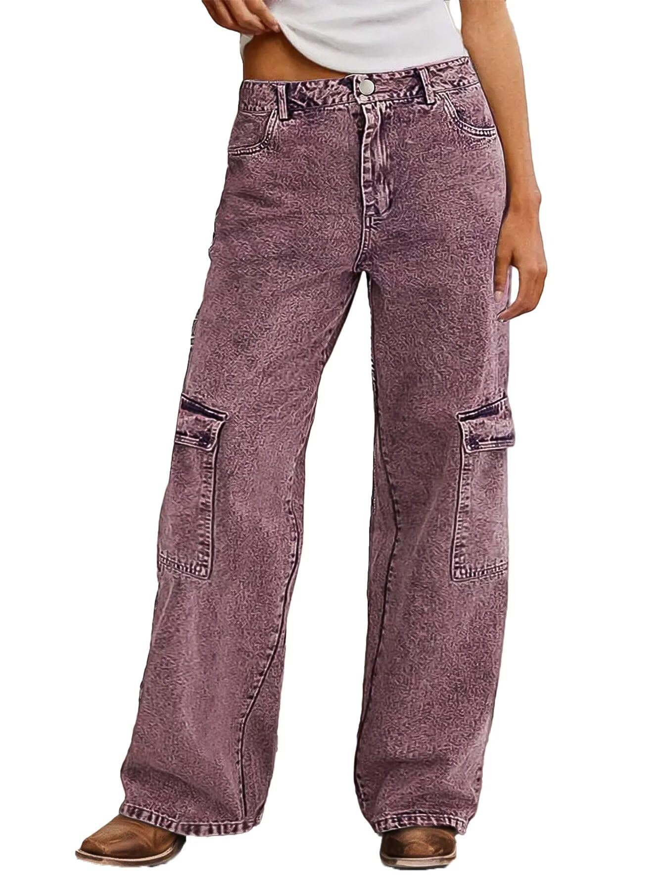 Flamingals Straight Leg Mid Waist Casual Pants for Women with Flap Pocket