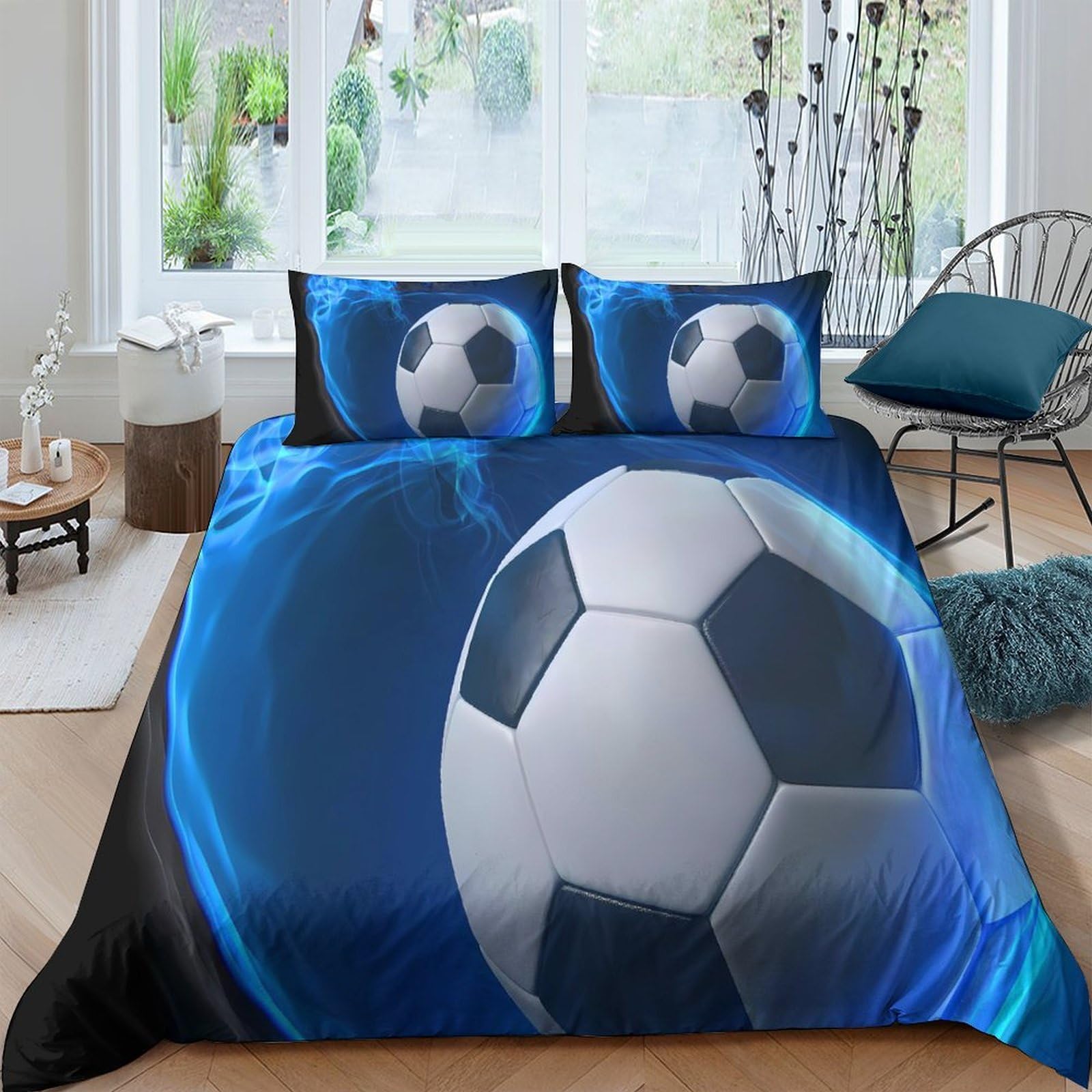 Ctjqhvkz Style-3 3D Printed Soccer Ball Fitted Sheet Microfiber Blue Black Football Mattress Cover For Bedroom Dorm Mattress Protection Decor Single（135X200cm）