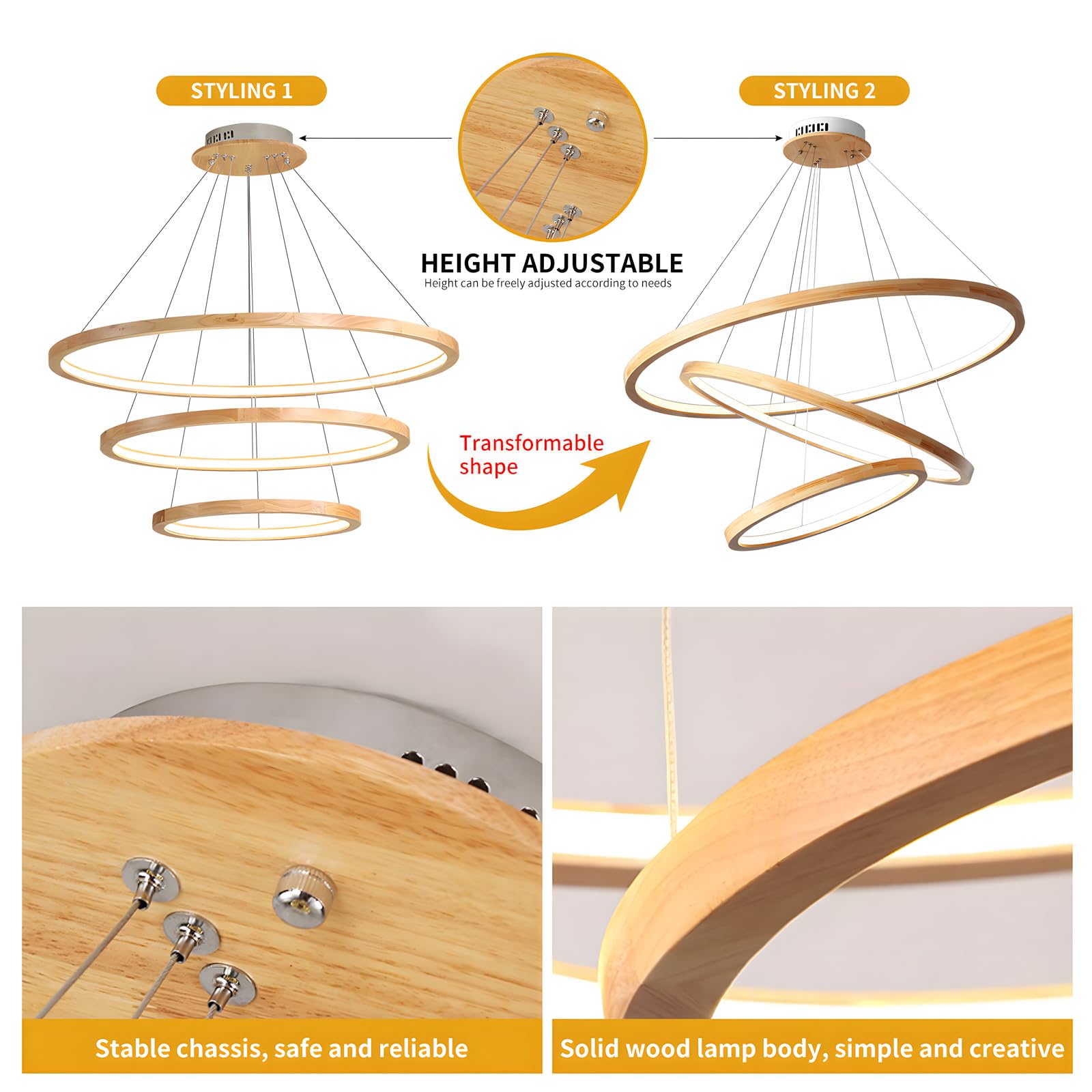 Lustres LED En Bois Plafonnier, Luminaire En Bois À 3 Anneaux À Intensité Variable, Lampe À Suspension Circulaire Réglable, Îlot De Cuisine Salle À Manger Salon Hall D'Entrée 【20+40+60cm】