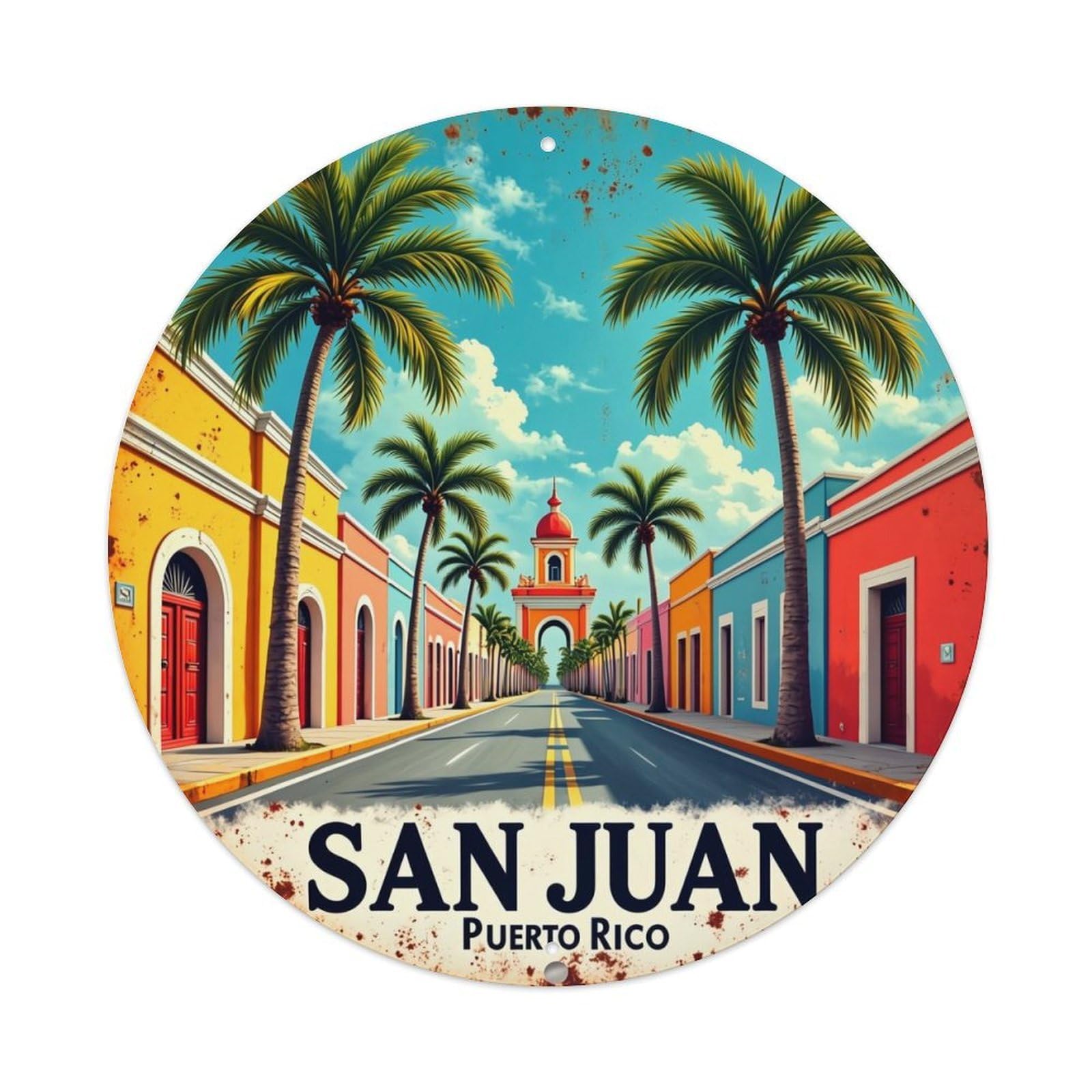 Colorful Tropical Street Scene With Palm Trees Tin Sign Metal Poster Vintage Metal Signs for Home Man Cave Bar Cafe Kitchen laundry room Wall Decorations Gift 8x8Inch