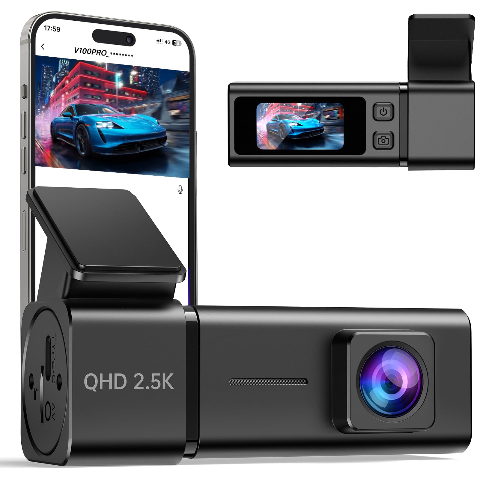 2.5K Dash Cam with WiFi, Front 1440P Camera, WDR, 24H Parking Mode, APP | Mini 1.47” IPS Screen Dashcam, Front Car Camera, G-Sensor, Loop Recording, Night Vision, Support 256GB Max (Black)