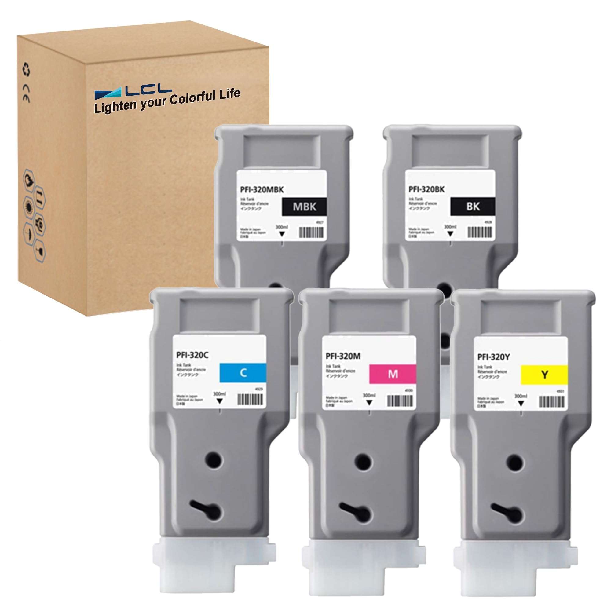 LCL PFI-320 300-ml Tintenpatrone kompatibel für Canon PFI-320 PFI-320MBK PFI-320BK PFI-320C PFI-320M PFI-320Y für Canon ImagePROGRAF TM-200 TM-205 TM-300 TM-305 Drucker (5er-Pack, MBK+KCMY)