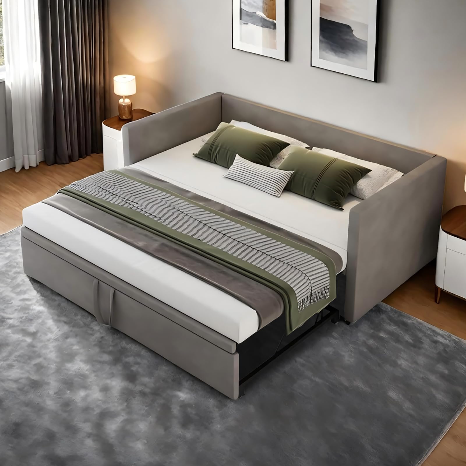 Letto imbottito, divano letto estensibile per 2 persone, letto di giorno, letto estraibile della stessa altezza, divano letto con sommier a doghe e schienale, letto multifunzionale, tessuto in velluto