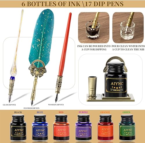 Miniatura 4 de AIYNC Juego de tinta de pluma con pluma, bolígrafo de vidrio, bolígrafo de inmersión de madera y 6 botellas de tinta, 8 membretes y 2 sobres, 17