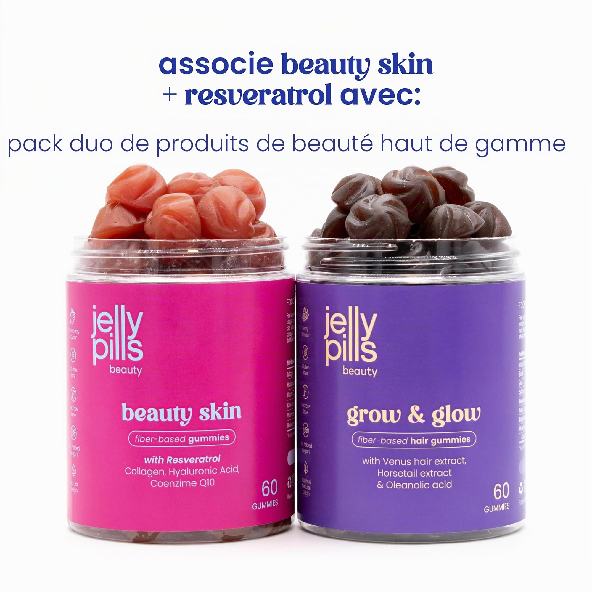 Jelly Pills Gummies beauté avec 500 mg de collagène, 50 mg de resvératrol, acide hyaluronique, coenzyme Q10, vitamines C & E - 60 gummies - sans sucres ajoutés - goût fraise