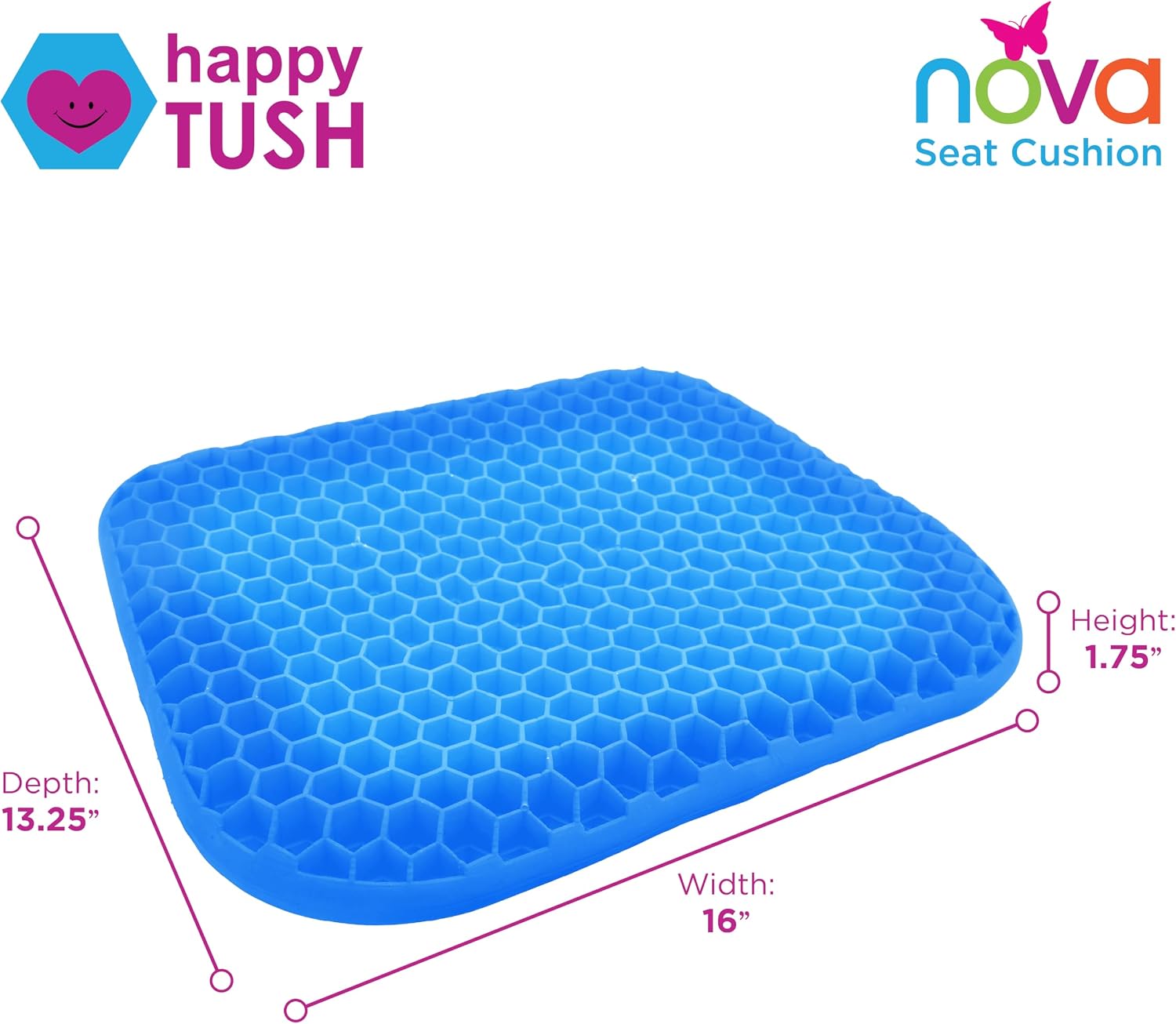 NOVA Happy Tush Gel Cell Seat Cushion, Double-Layer Pressure-Relief Gel, Foldable & Portable, Water-Resistant, Washable Non-Slip Cover, Home, Office & Travel