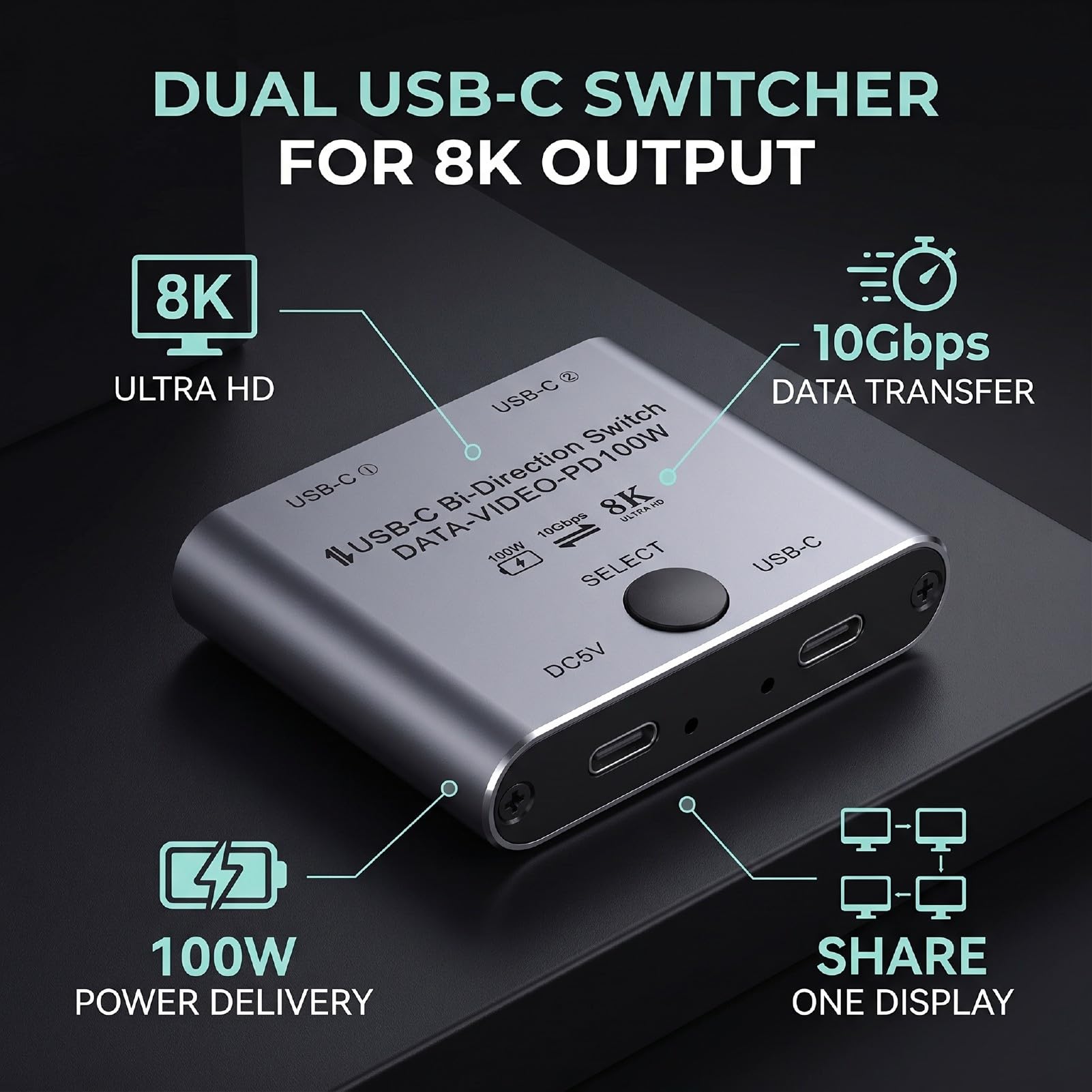 Sélecteur KVM USB C 8K 60Hz, Commutateur Bidirectionnel à Chargement