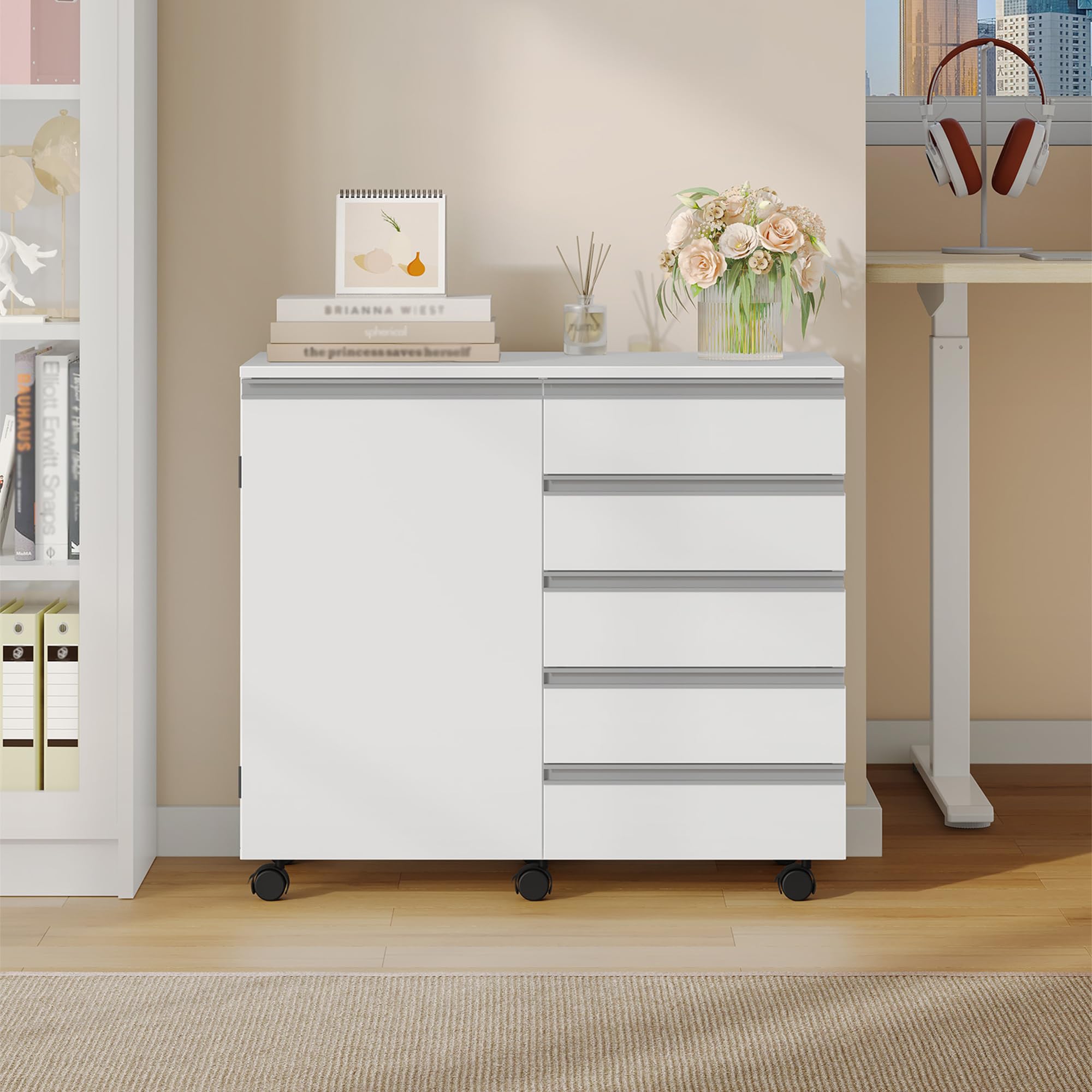 Hzuaneri Cajonera Escritorio con 5 cajones y Puerta de Armario, archivador móvil con Ruedas, Espacio de Almacenamiento para Oficina y Home Office, 40 x 80 x 70 cm, Blanco FC52503X