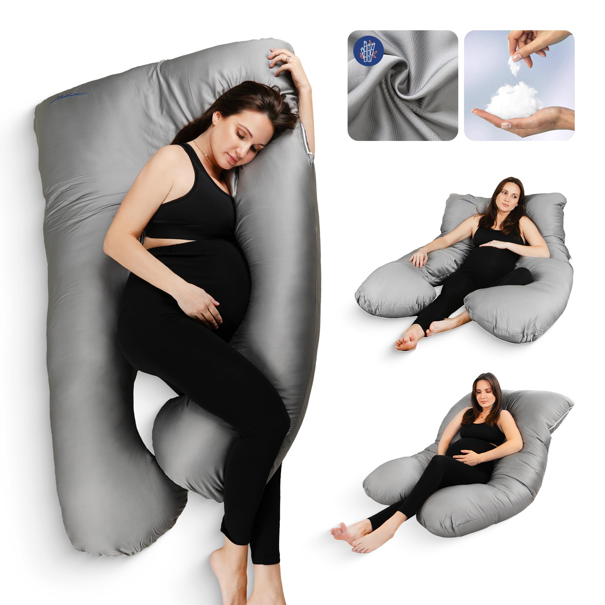 Cojín de lactancia de espuma viscoelástica XXL, para terapia de sueño para mujeres embarazadas, cojín de apoyo para abdominales y espalda, bambú (refrigerante), color gris
