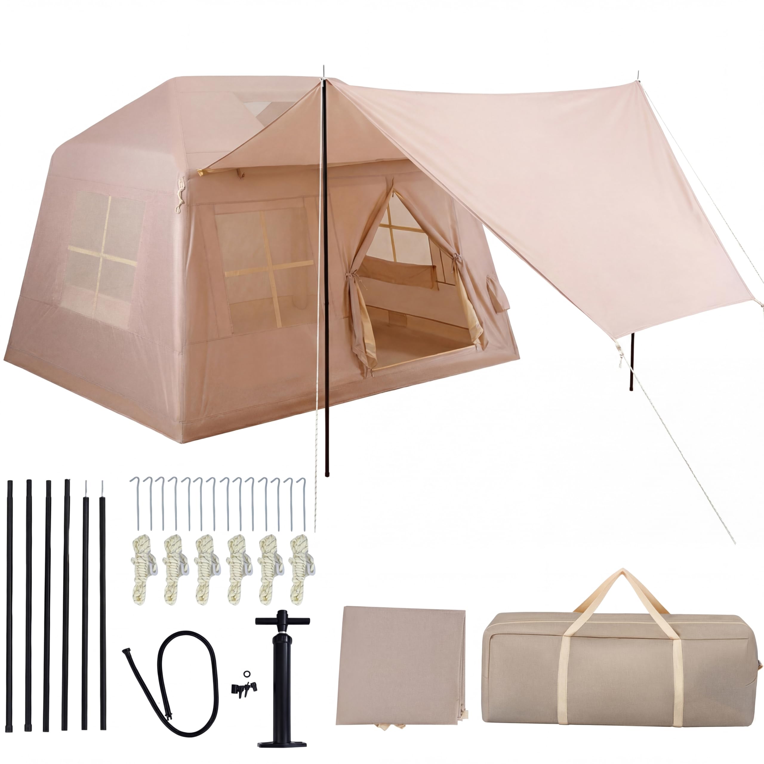 HOMASIS Tienda de Campaña Hinchable para 4-6 Personas | Tienda Inflable con Bomba, Puertas y Ventanas de Malla, Toldo y Bolsa de Transporte, Carpa Portátil para Camping, Senderismo