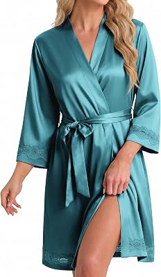 Ekouaer Women's Lace-Trim Silk Robes Bride Bridesmaid Kimono Satin Bathrobe V Neck Sleepwear with 3/4 Sleeve