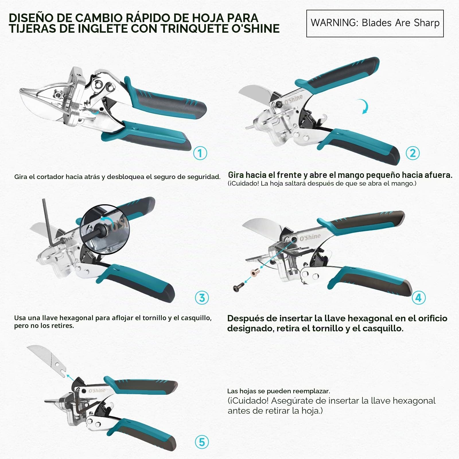 O'Shine Tijeras de Inglete Profesionales Expert - Cortador Angular con Carraca, 4 Yunques Intercambiables, Incluye una Hoja SK5 de Repuesto, para PVC, Madera y Canaletas