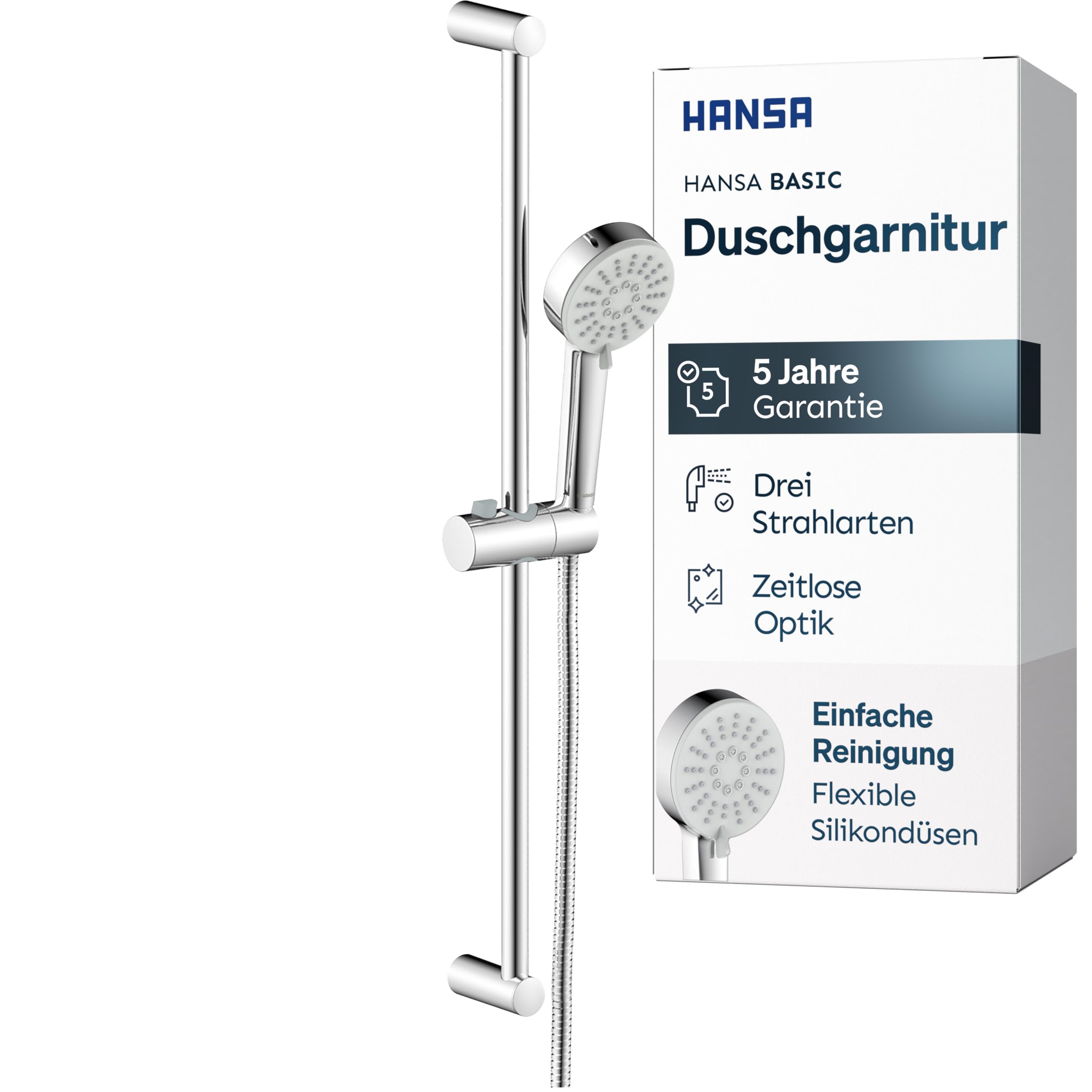 HANSA BASIC Duschgarnitur | Duschkopf mit Schlauch und Duschstange 70cm I Duschbrause mit 3 Strahlarten | Duschschlauch 1500 mm | Mit Duschkopfhalterung I Duschset ohne Armatur | Chrom