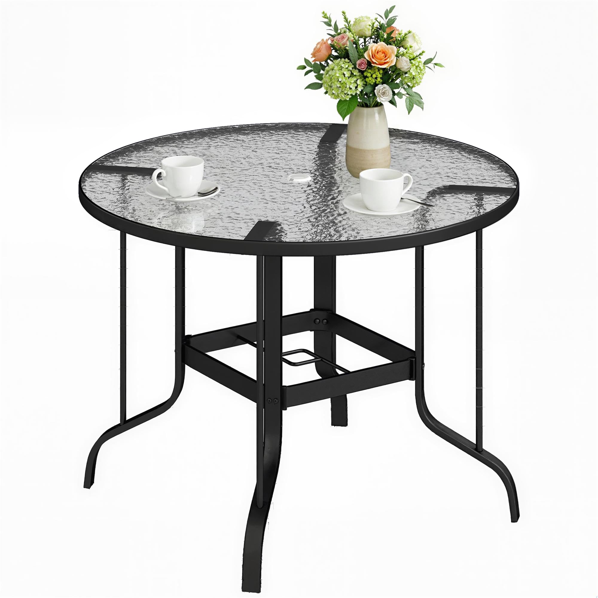 Outsunny Tavolo da Giardino Rotondo per 4 Persone Max Ø96.5x71 cm Nero | Con Foro per Ombrellone, Tavolo da Esterno, Metallo e Vetro Temperato