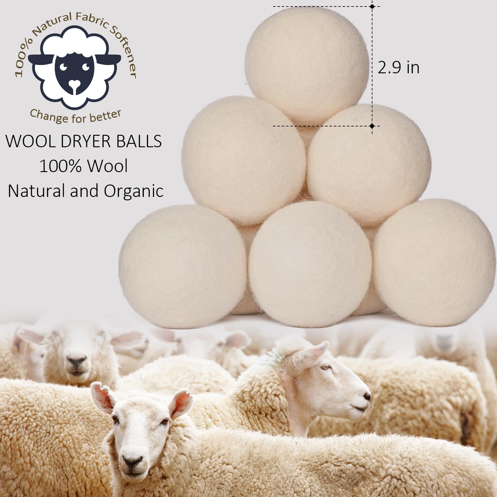 Confezione da 24 palline di lana XL riutilizzabili per asciugatrice, ammorbidente naturale, con 1 sacchetto per riporre le pieghe e ridurre il tempo di asciugatura