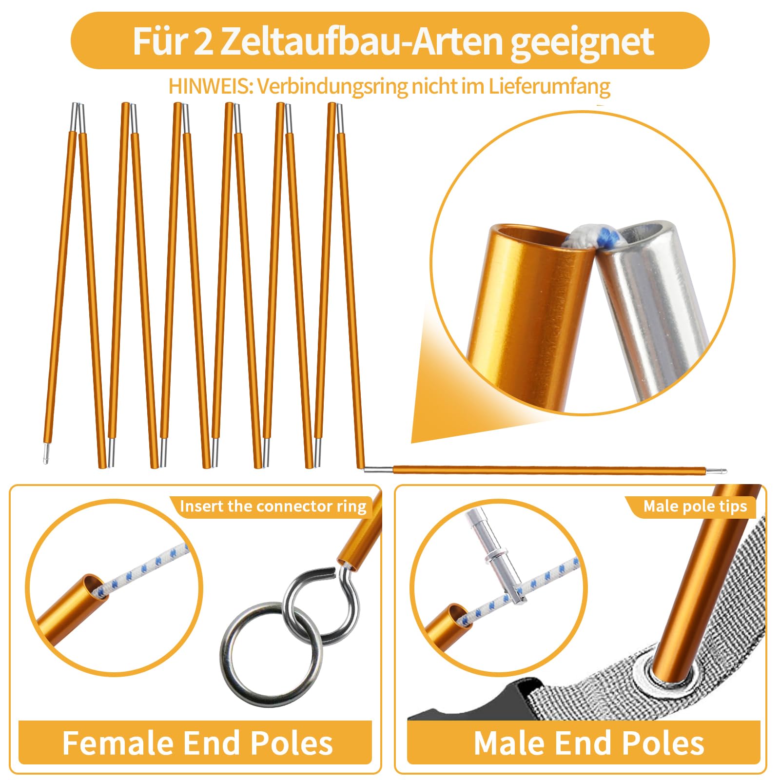 Zeltstangen 2 Stück Faltbare Camping Ersatzstangen für Zelte | Universelles Zeltgestänge mit Tasche, Kompakte Outdoor-Stützstangen Ersatzgestänge für Camping, Wandern und Rucksackreisen