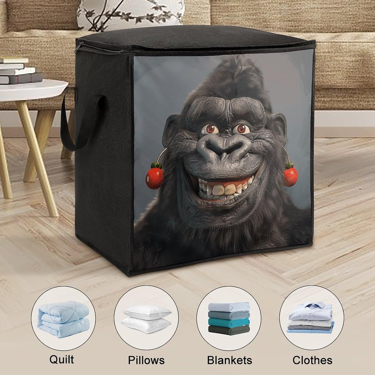 Clothes Storage Bag Personalized Durable Foldable Large Toy Storage Bags with Zipper Moving Bags Luggage Organizer Smiling Gorilla Photo Printed Bags image 3