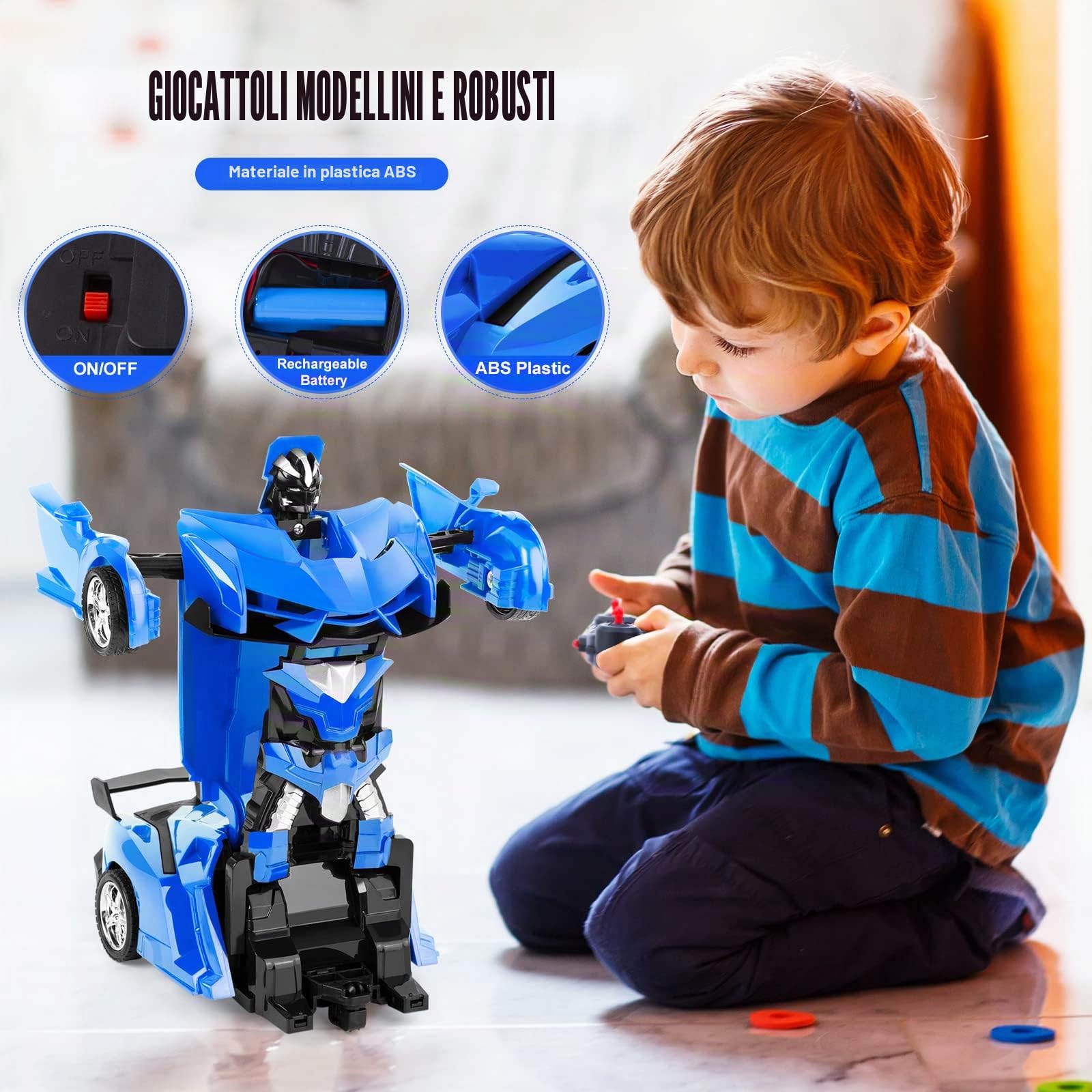 Thedttoy Macchina Telecomandato Robot Trasformatore Giocattolo per Bambini 3 Anni+, 2.4GHz Telecomando Trasformazione Auto Radiocomandata Robot da Corsa RC Auto Giocattolo per Ragazzi Ragazze (Blu)