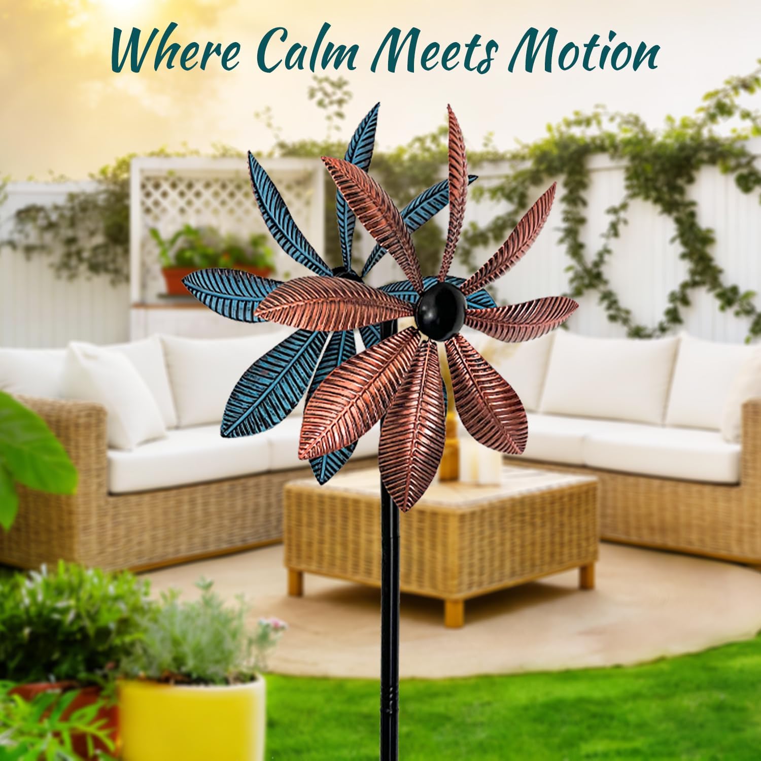 Wind Spinners Outdoor Metal, Double-Sided 360° Kinetic Wind Spinner with Stake, Metal Garden Yard Windmill Decor (13.4" Dia, 57" H) (Copper Leaf)