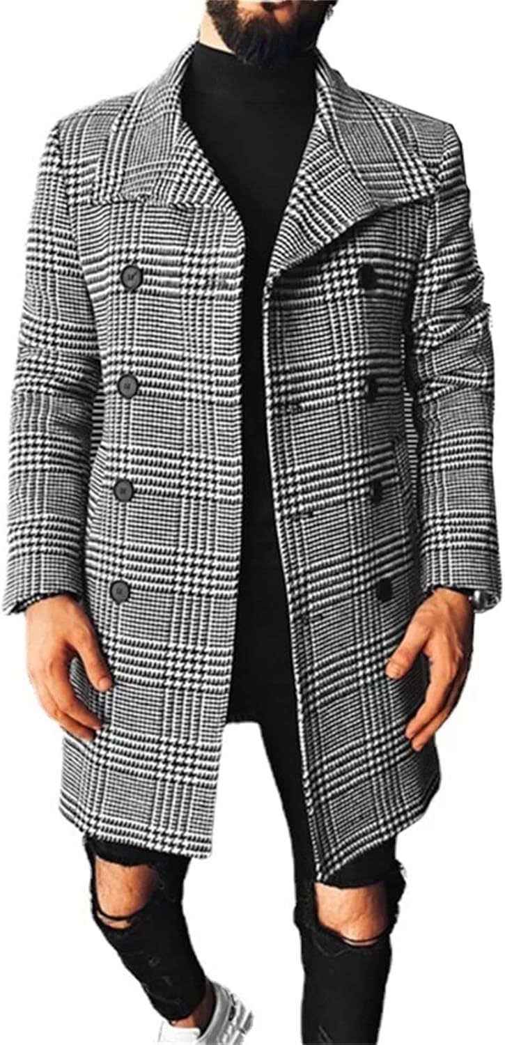Trench Manteau Hiver Homme Plaid Veste Longue Chaude Casual Chic Style Anglais