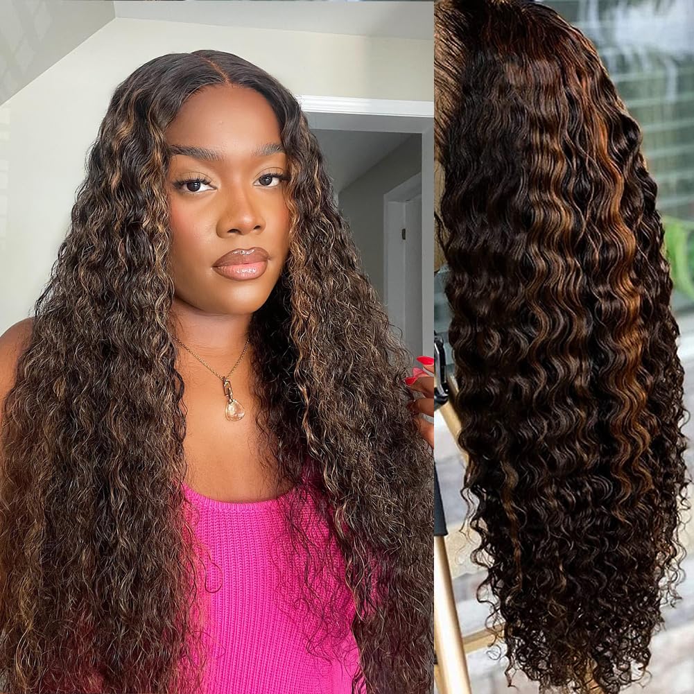 28 Inch Highlight Ombre Lace Front Wig Human Hair Highlight 1B/30 Black Brown 13x6 HD Lace Frontal Wigs Pre Plucked With Baby Hair Deep Wave Honey