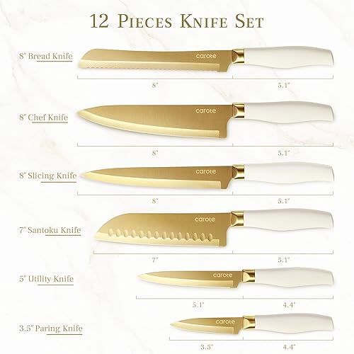 Miniatura 2 de CAROTE 12PCS Kitchen Knife Set, Healthy Gold Titanium Coating Knife Set, Dishwasher Safe with 6 Blade Guards, Rustproof Stainless Steel Cutlery Set,
