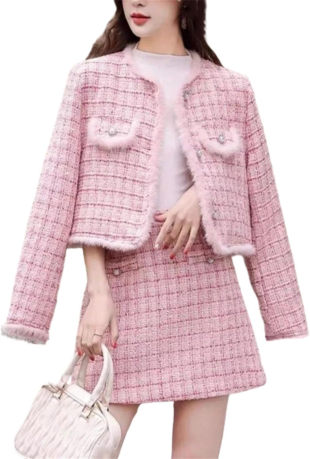 Women’s Slim Tweed Two Piece Outfit Elegant O-Neck Single Breasted Jacket and High Waist Skirt Casual Business Set