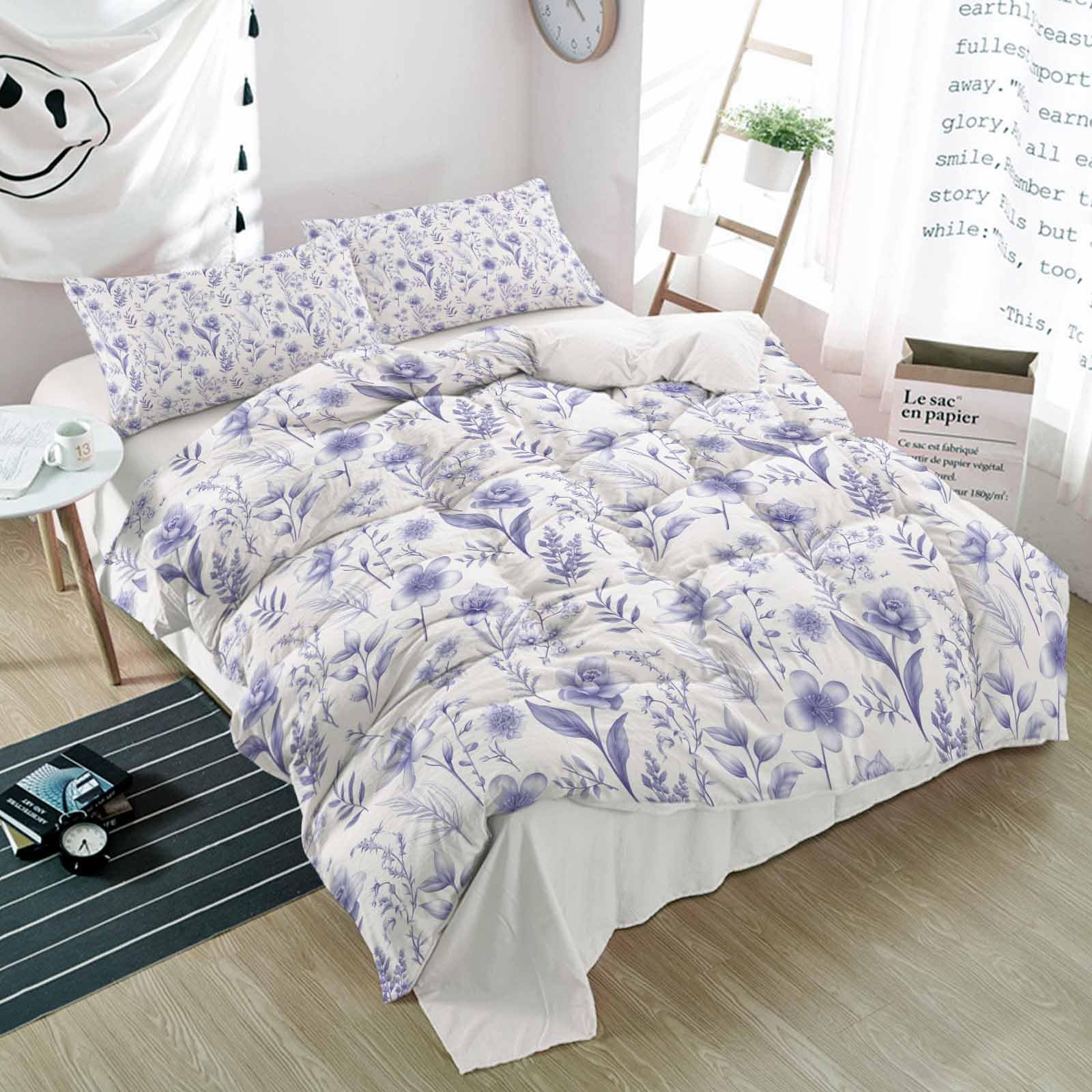 3 Piece Bed Set Spring Purple Floral Seamless White Ultra Soft Breathable Duvet Cover and Pillow Shams Pastoral