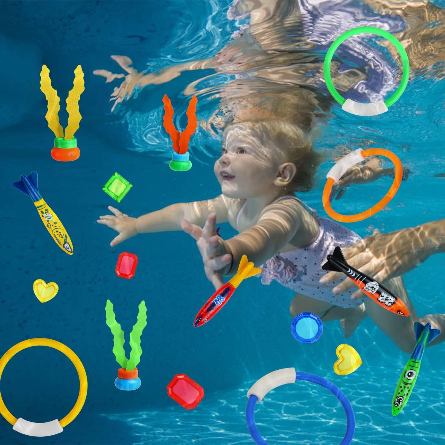 DERAYEE 20pcs Jouet de Plongée,Jouets Piscine Enfant avec Torpilles & Anneaux & Algues & Diamants
