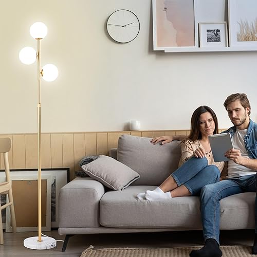 Miniatura 6 de Lámpara de pie moderna de 3 globos de mediados de siglo para sala de estar, lámpara de pie de altura ajustable con base de mármol, lámpara alta de