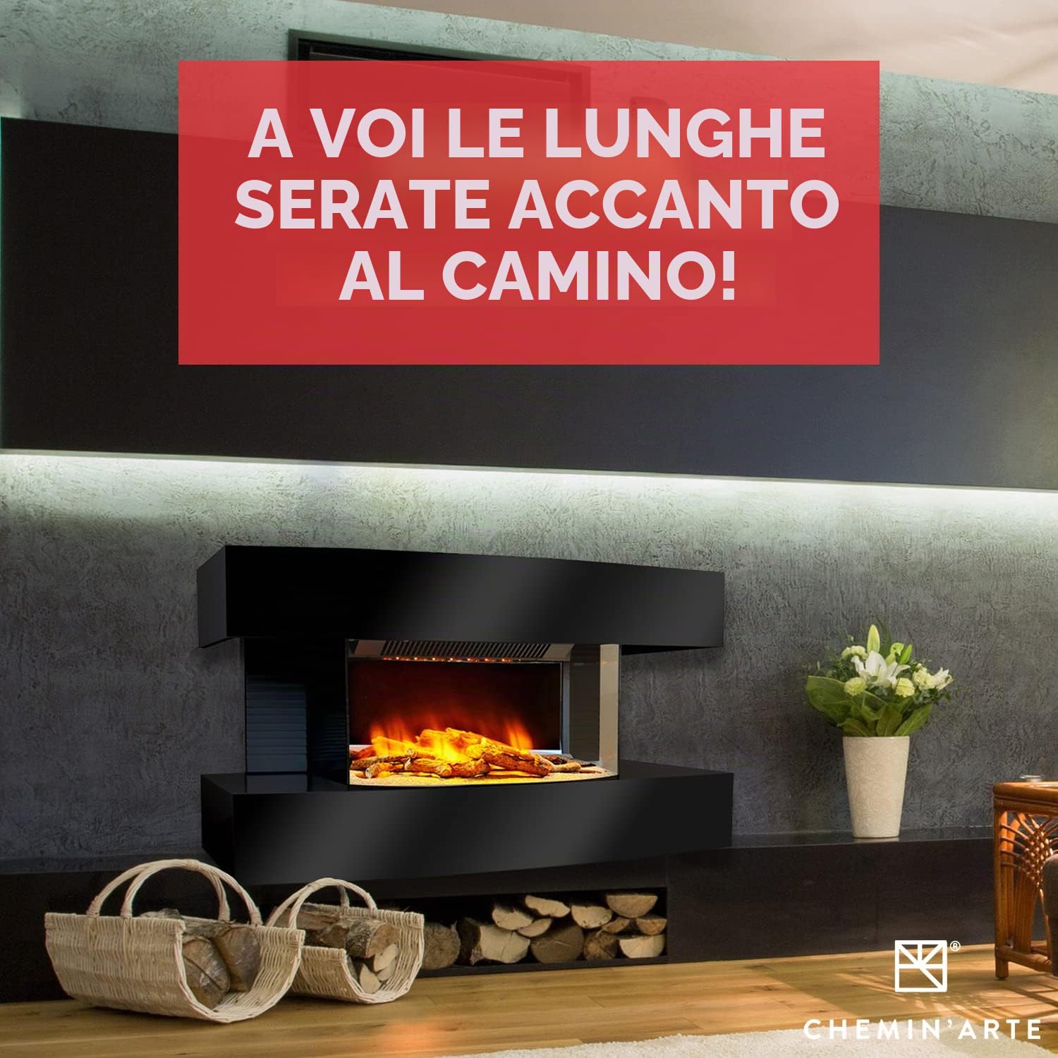CHEMIN'ARTE Camino elettrico da parete Lounge Medium Bianco - 82x21x42cm - caminetto elettrico con Fiamma LED 2000W e Telecomando, Caminetto con Timer e Controllo Automatico di Temperatura