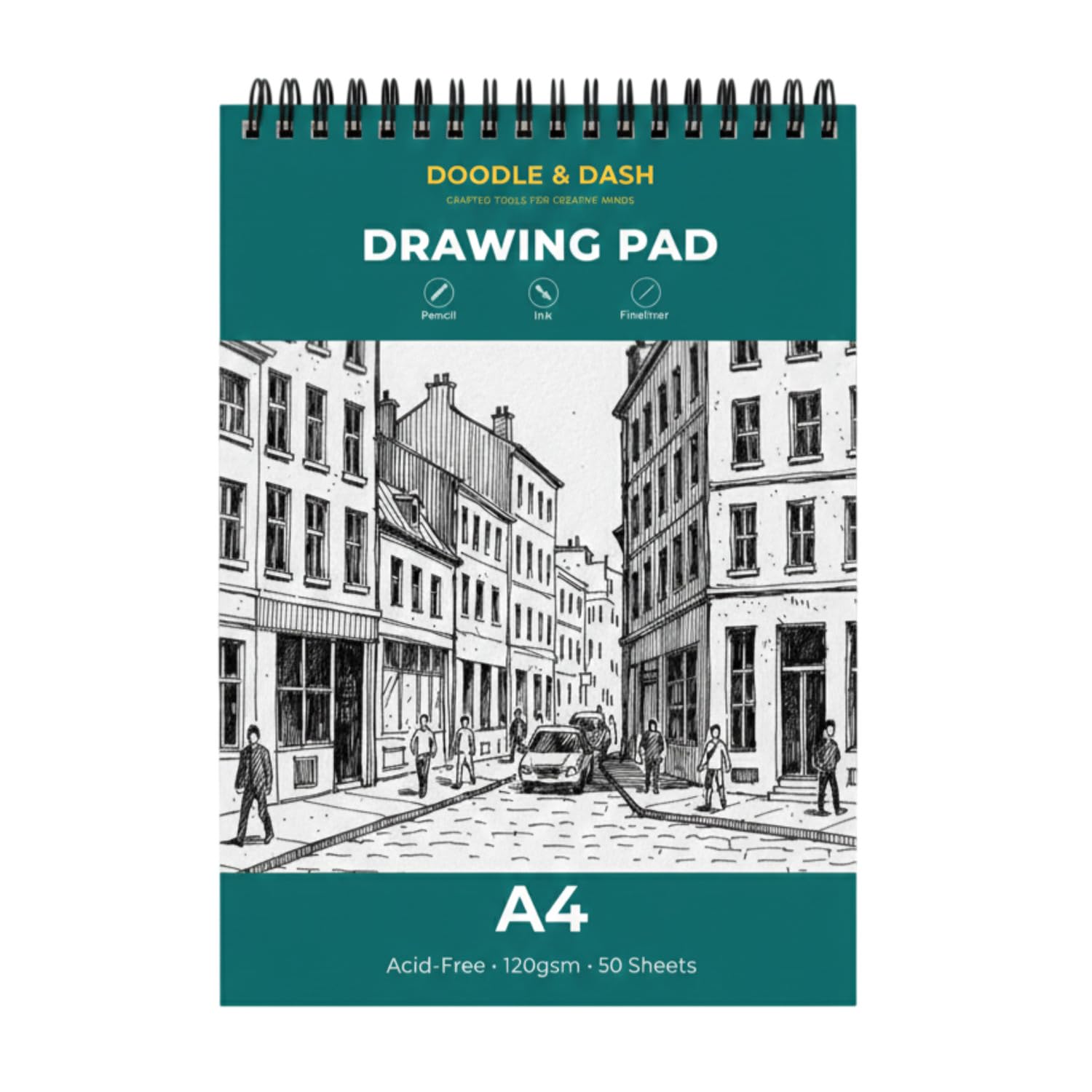 Doodle & Dash Deep Teal A4 Sketch Pad & Sketchbook – 120Gsm Spiral Bound Drawing Pad, 50 Sheets (100 Pages), Smooth Acid-Free Paper For Sketching & Illustration