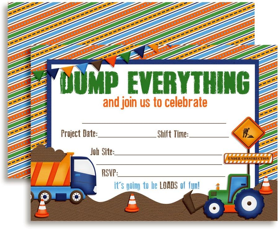 Amanda Creation Dump Everything Construction Site Birthday Party Invitations, Twenty 5"x7" Fill in Cards with 20 White Envelopes by