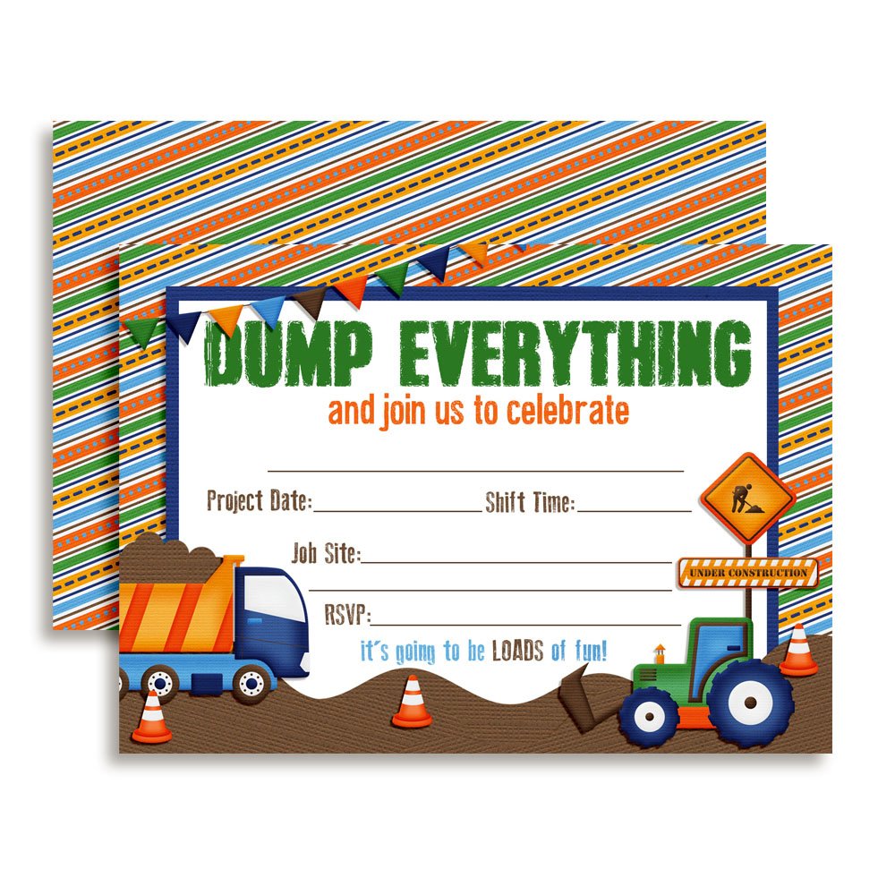 Amanda Creation Dump Everything Construction Site Birthday Party Invitations, Twenty 5"x7" Fill in Cards with 20 White Envelopes by