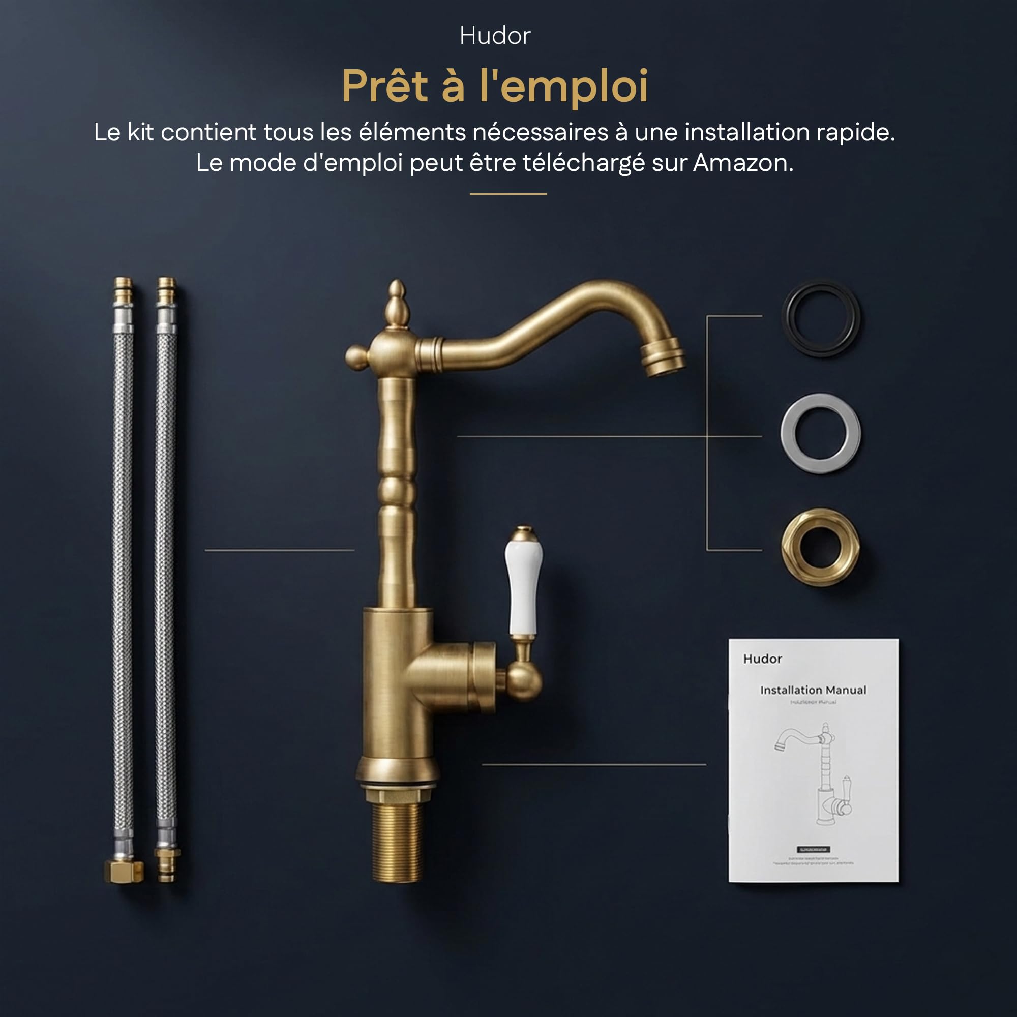 Robinet de Cuisine K025DB - Mitigeur Cuisine Laiton - Collection Scamandre - Facile à installer - Robinet Evier de Cuisine Pratique et Solide - Doré brossé