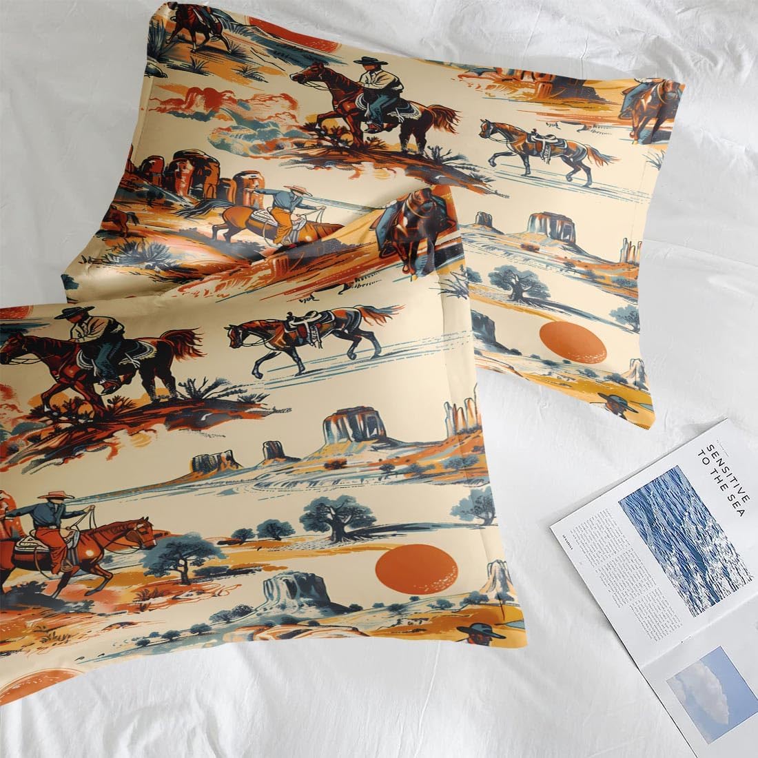 Twin Size Bed Sheet Sets, Vintage Western Cowboy Soft Microfiber 3 Pcs Bedding Sets for Kids and Adults Bedroom Bed Decor, West Horse Desert Flat, Fitted Sheet and Pillowcases - Image 7