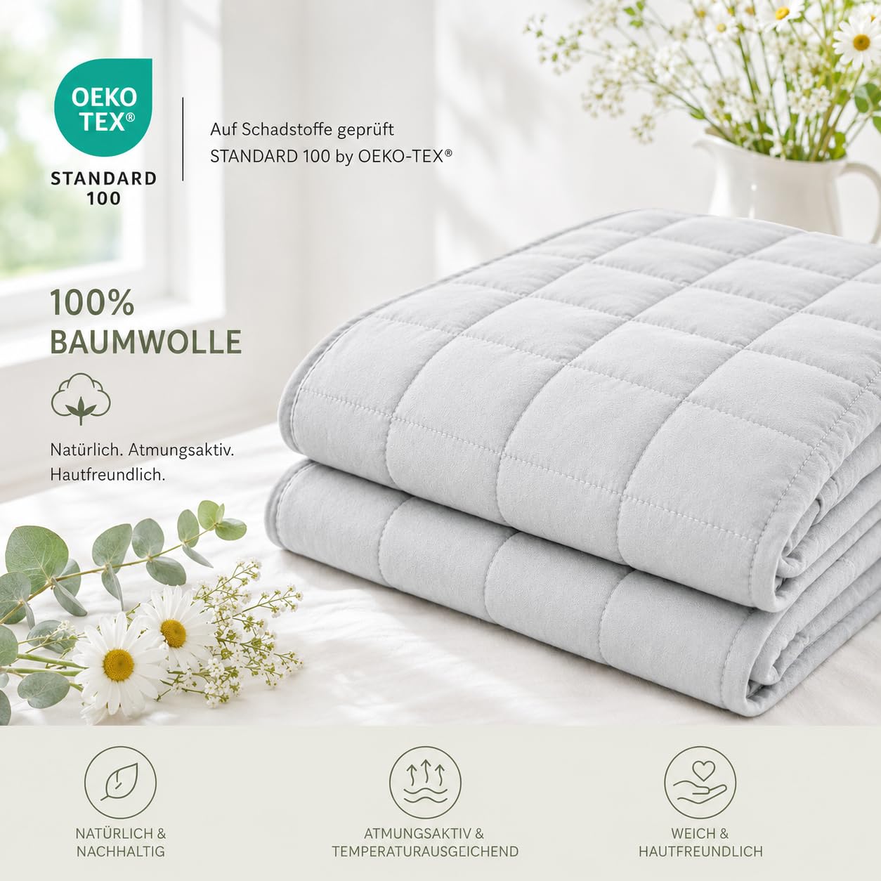Gewichtsdecke 135x200cm 9kg, Entspannungsdecke 100% Baumwolle Schwere Decke, Weighted Blanket Anti Stress Therapiedecke, Gewichtsdecke Erwachsene zum Besser schlafen, Oeko-Tex Zertifiziert,Hellgrau