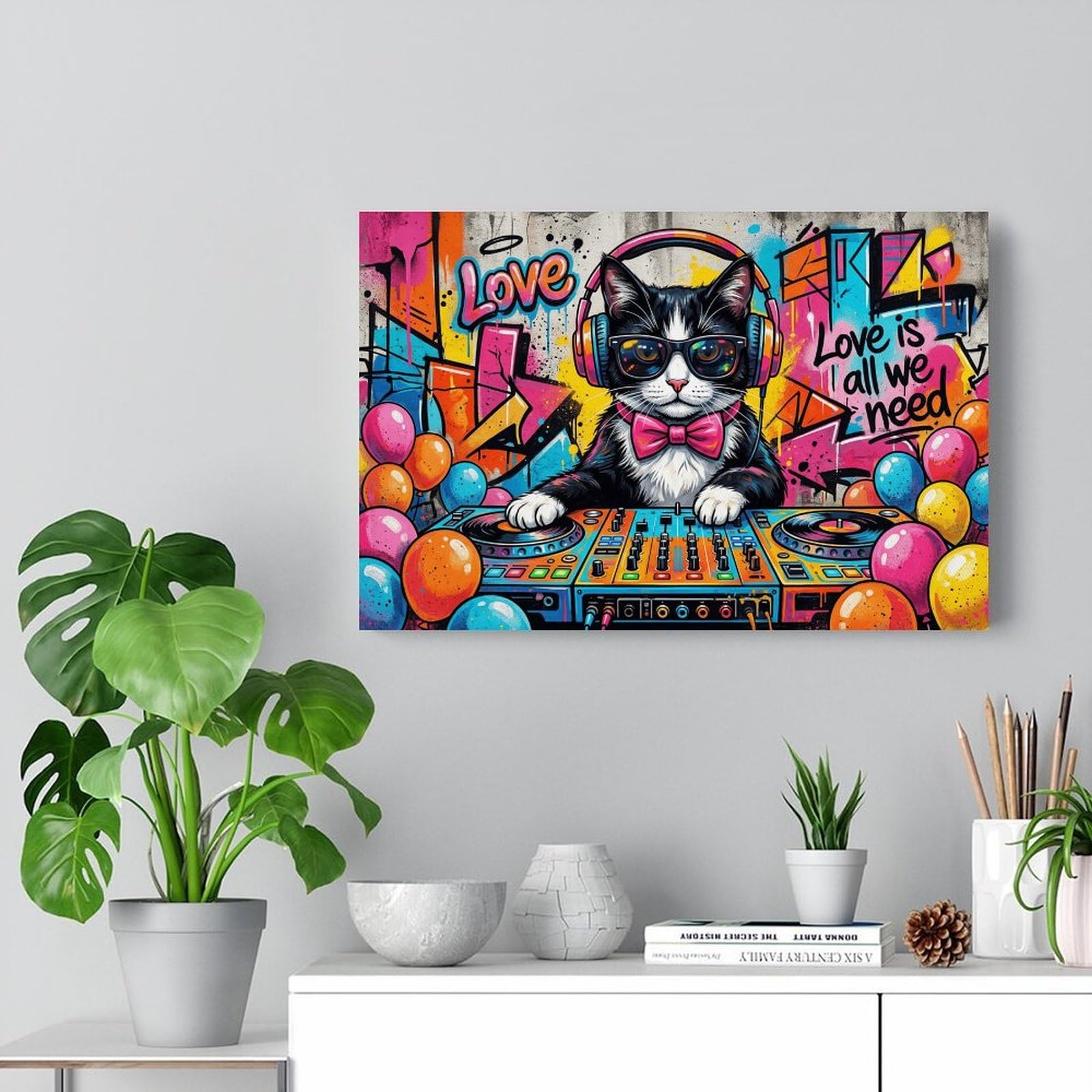 Stampa artistica da parete a tema musica pop art con gatto DJ, divertente opera d'arte per camera dei ragazzi, soggiorno, decorazione per la casa, 40 x 60 cm