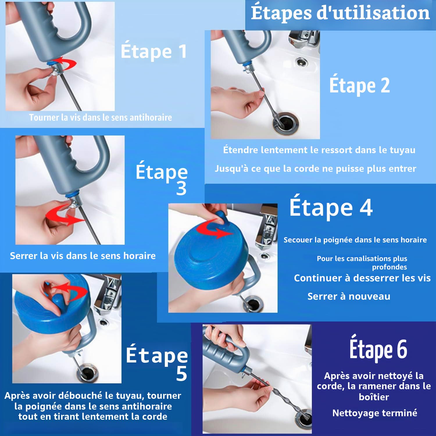 Furet Déboucheur Canalisation 10m Deboucheur Extensible Spirale de Nettoyage de Tuyaux avec Gants, Deboucheur WC, pour Salle Bain, Cuisine