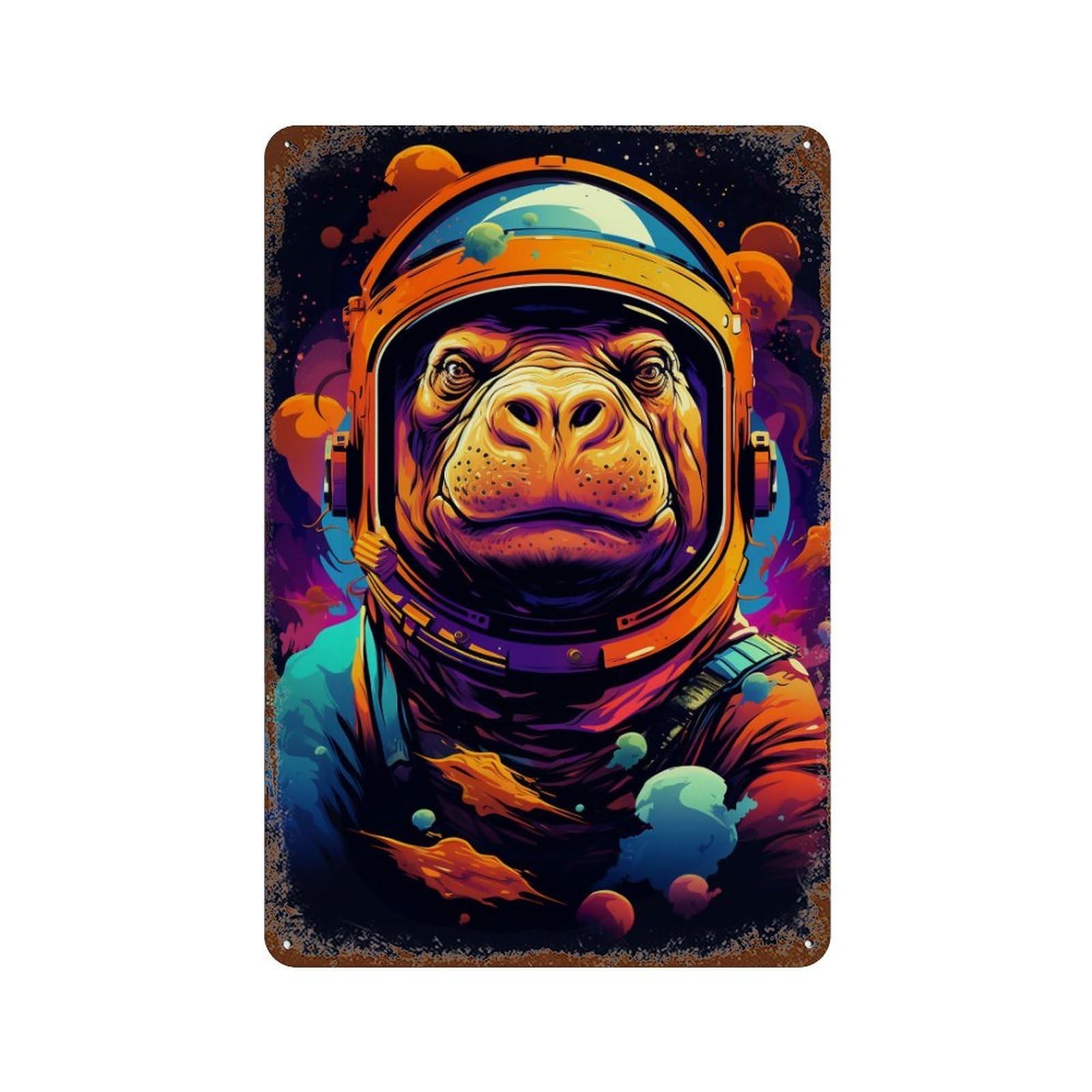 Hippopotamus Astronaut Space Suit Decorative Tin Sign 11.8"x7.9", Vintage Wall Decor for Garage, Pub Or Kitchen