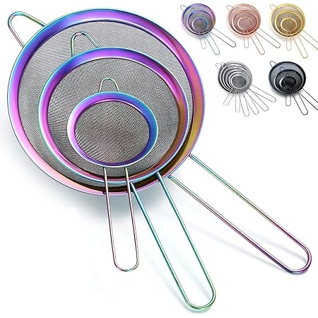 Kyraton Rainbow Fine Mesh Strainer 3 Pieces Set, Copper Flour Sifter For Baking, Stainless Steel Clander, Matcha Tea Strainer, Gravy Separator, Stasher Sieve Pasta Strainers