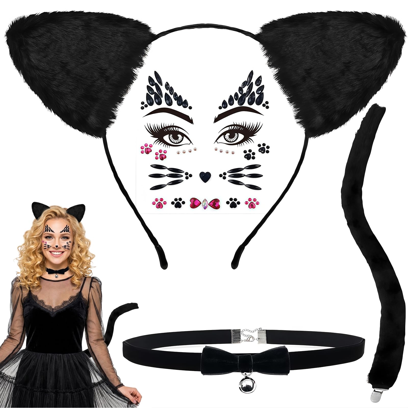 Cosblisvia 4 Pcs Cat Ears Set, Cat Costume Accessories, Choker & Tail for Women Ladies, Girls for Party Carnival, Cosplay