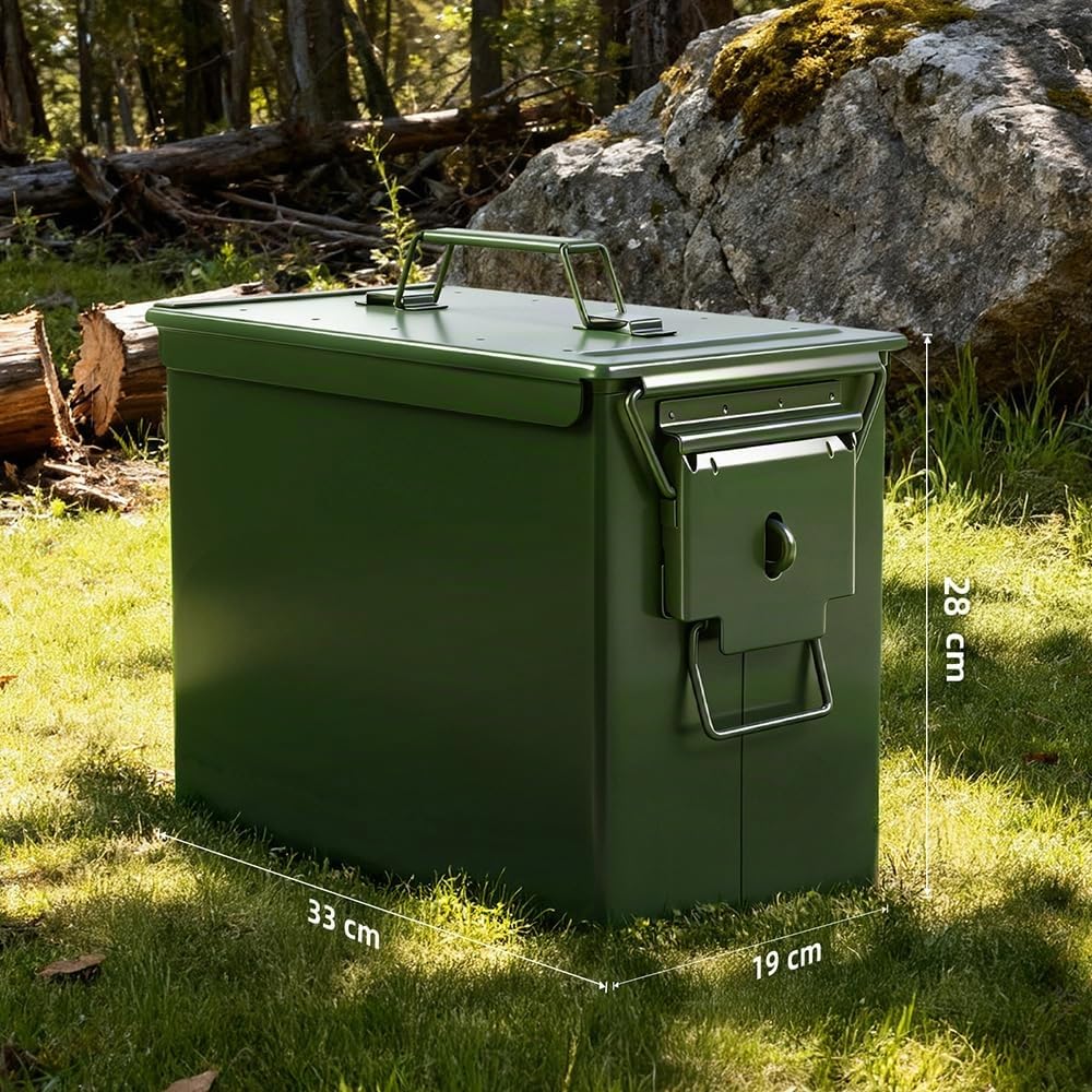 Trucky Munitionsbox Ammo Box 33x19x28 cm Metallkiste Munitionskiste Metallbox Aufbewahrungsbox mit Deckel Army Grün Metall
