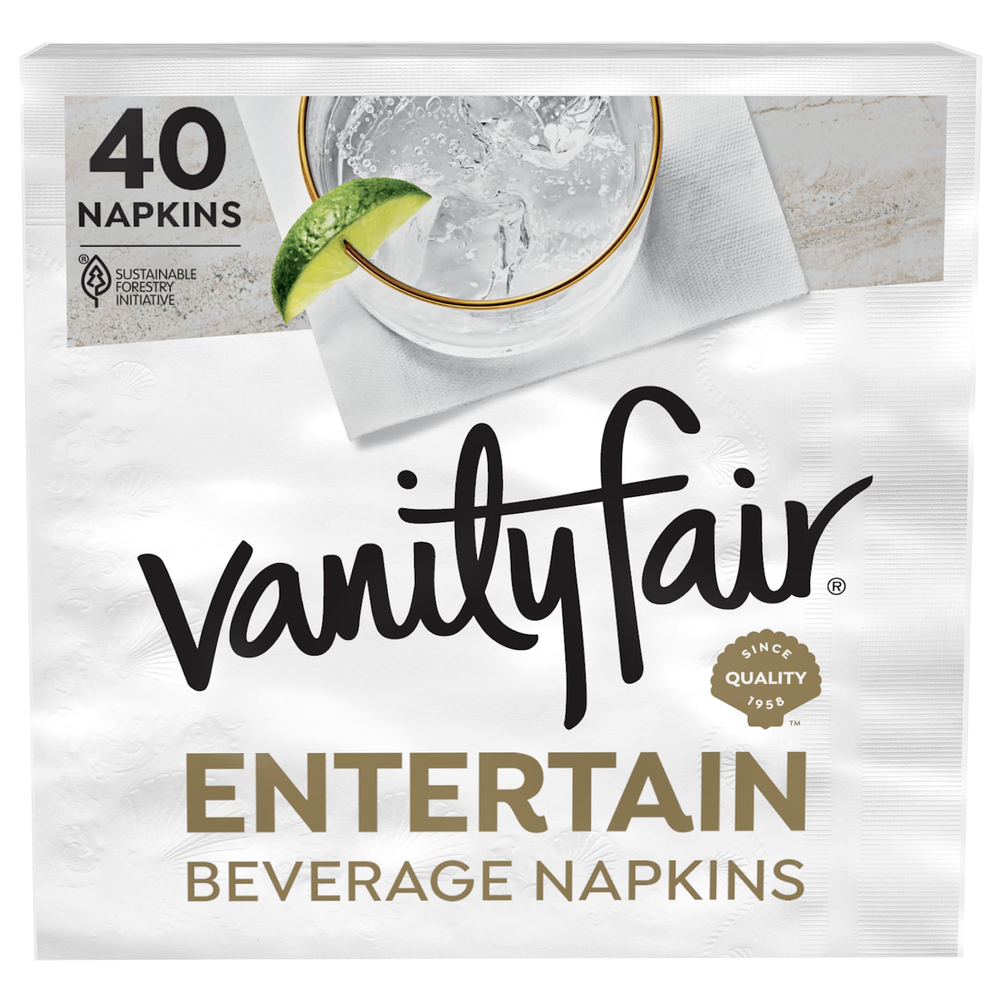 Vanity Fair Entertain Beverage Paper Napkins, White, 2-Ply, 40 Count, 4.9" x 4.9", Disposable Napkins for Entertaining