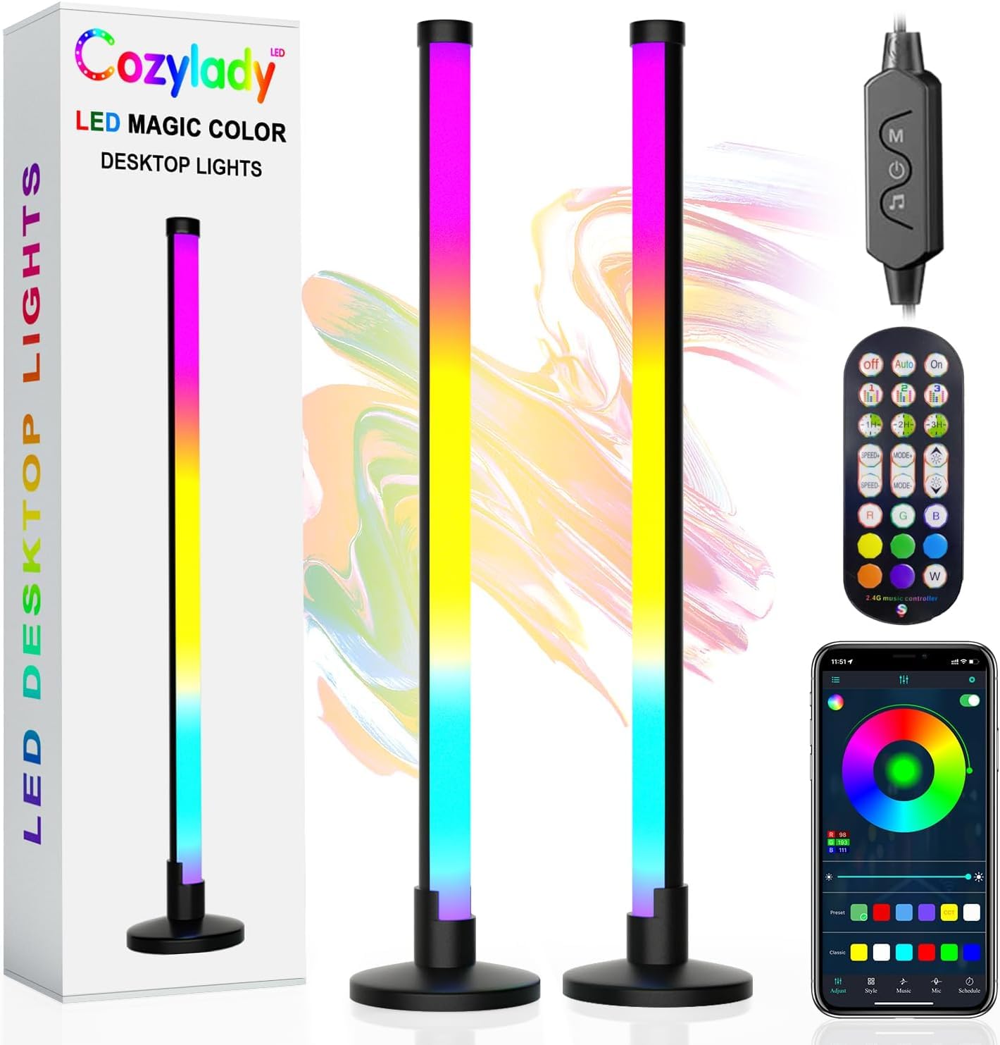 Cozylady Smart LED Light Bar 42CM, RGB LED TV Backlight Lights, Cozylady RGB Ambient Lamp with Multi-Modes and Music Sync Modes, Dimmable LED Light with Remote Control for Gaming, PC FX003 (2 Pack)