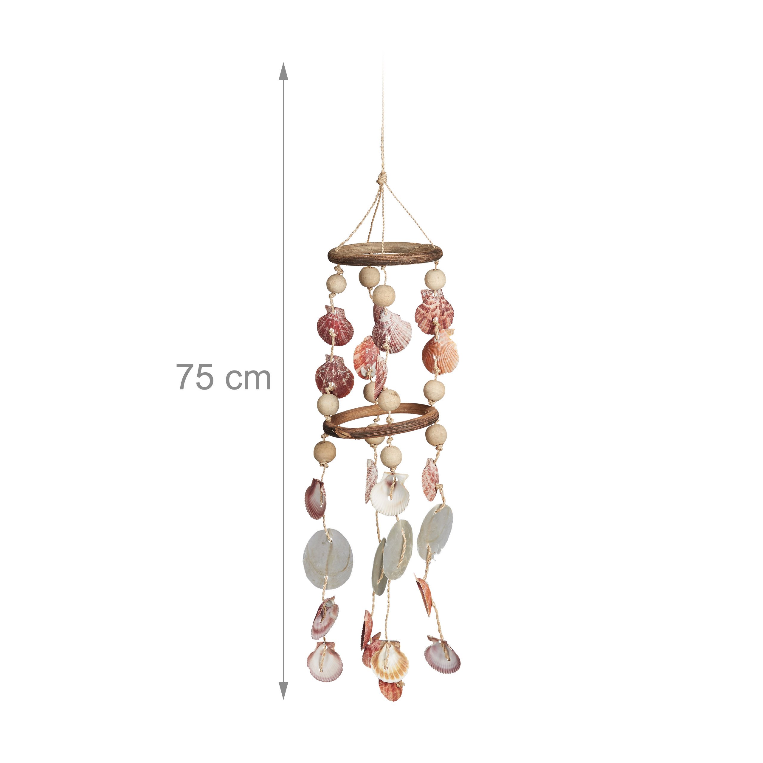 Relaxdays Muszla dzwonki wietrzne, drewno dryftowe, girlanda plażowa, dekoracja ogrodowa, Capiz Mobile, 75 cm, naturalny