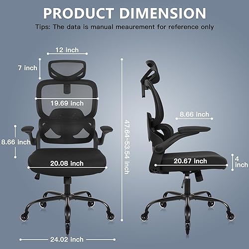 Miniatura 3 de Silla de oficina ergonómica de malla, silla de escritorio de respaldo alto con soporte lumbar arriba y abajo, reposabrazos 3D y reposacabezas 2D,